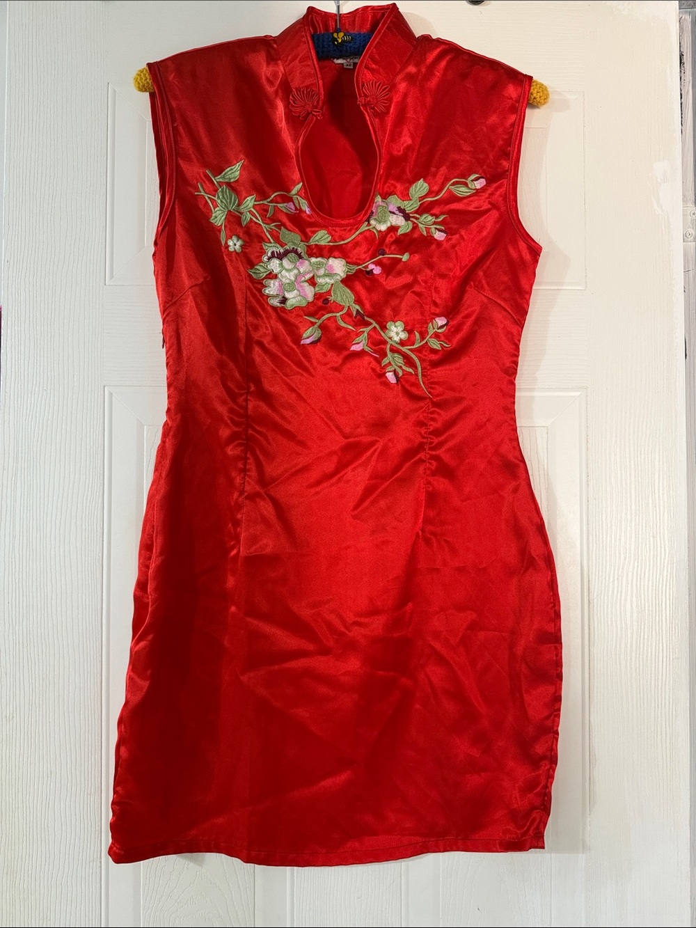 Red Embroidered Satin Mini Dress with Mandarin Collar